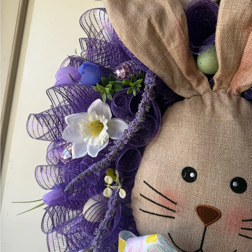 Easter Bunny Wreath with Purple Mesh and Floral Accents